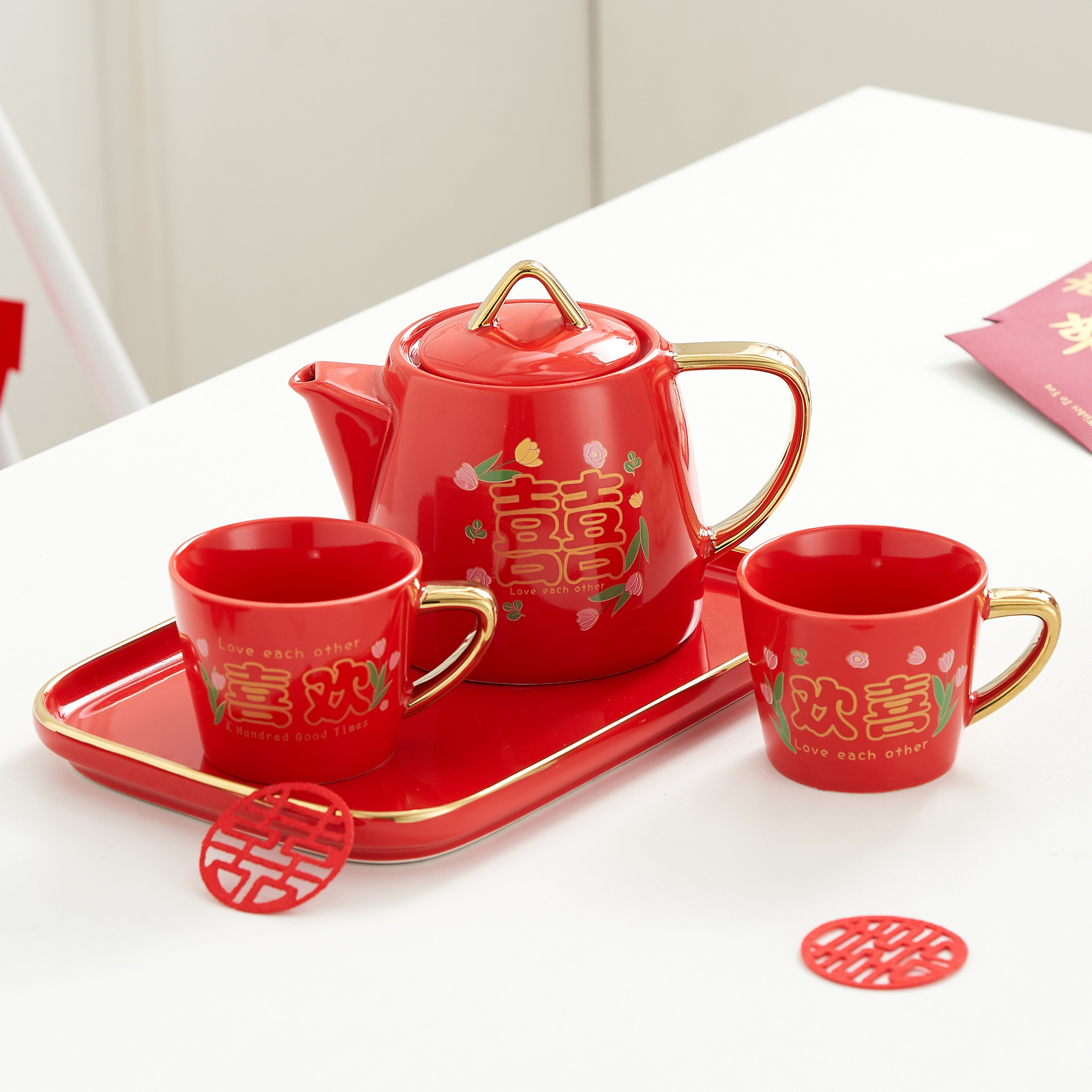 INS Xi carácter juego de té de cerámica boda de la boda festiva taza de té juego de té caja de regalo rojo Doble Felicidad Té Regalo