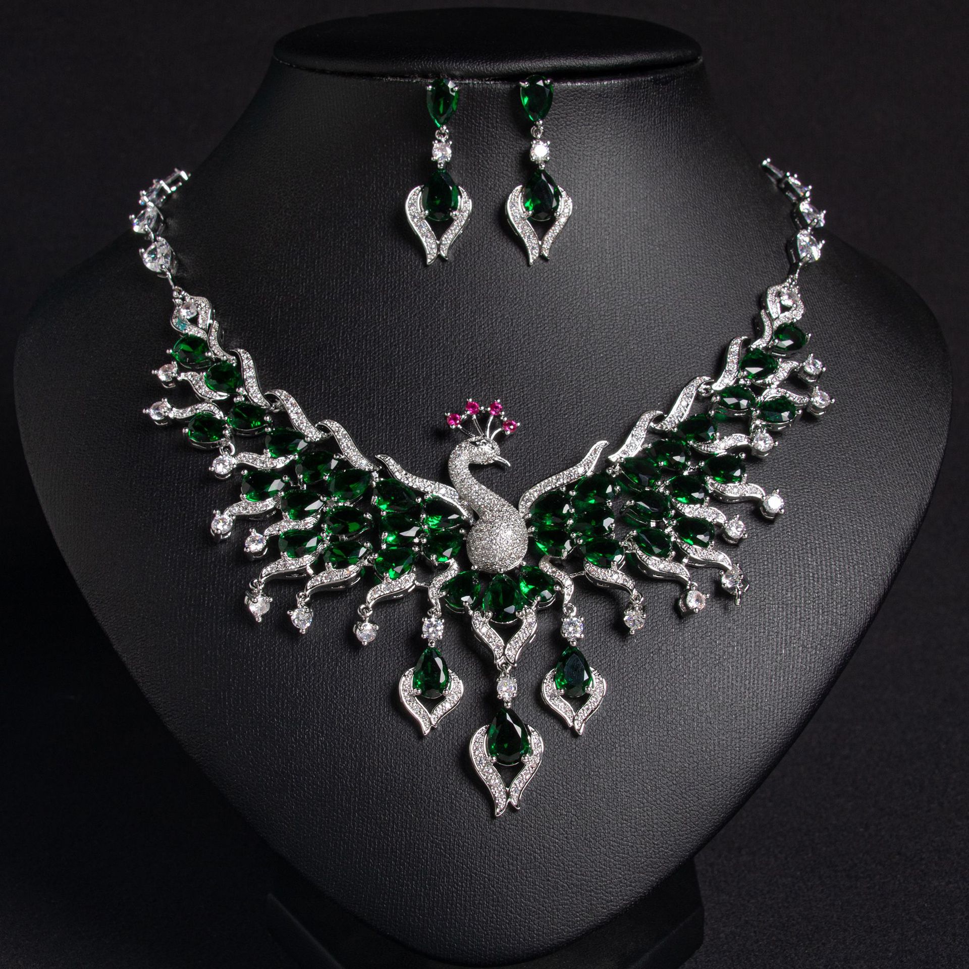 ethnic style bride zircon peacock shape earrings set tassel colorful clavicle necklace jewelry set_voghion.com