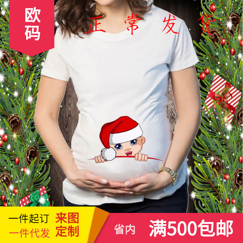 Foreign trade European and American style Happy Christmas baby cartoon printed round neck pregnant T-shirt maternity clothes short sleeve top