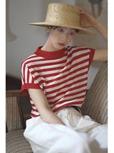 对白海魂衫红白条纹针织短袖T恤女夏季薄款别致撞色设计正肩上衣