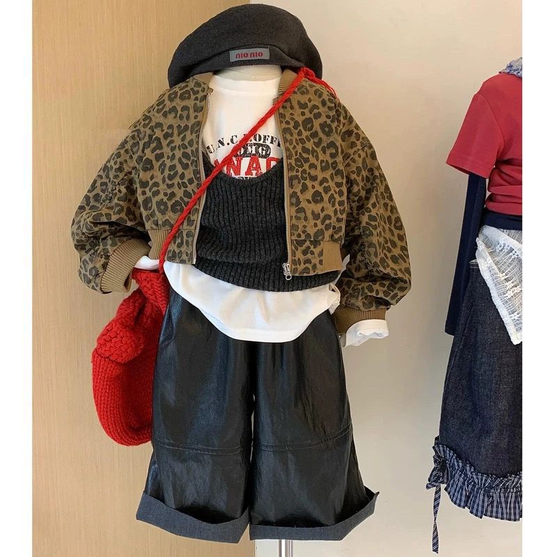 Corea del Sur vestir chaqueta de niña de otoño 2025 nuevo estilo de moda extranjero chaqueta de leopardo chaqueta roja red