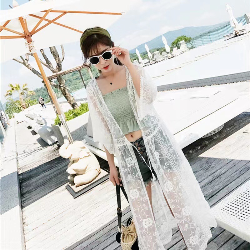 Fashion seaside vacation bohemian Korean style embroidered lace bikini blouse sun protection clothing mid-length cardigan fashion Fashion seaside vacation bohemian Korean style embroidered lace bikini blouse sun protection clothing mid-length cardigan fashion