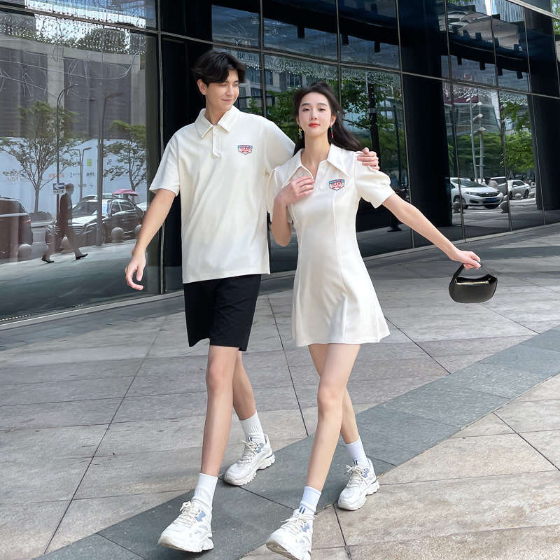 French-style couple's summer outfits 2023 new style, niche design, short-sleeved T-shirt, polo collar dress, one dress and one top