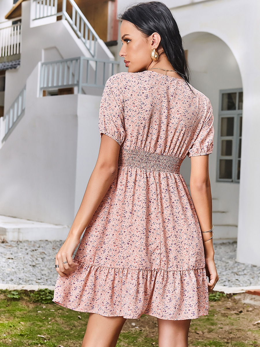 temperament waist floral V-neck ruffled dress NSAL46354