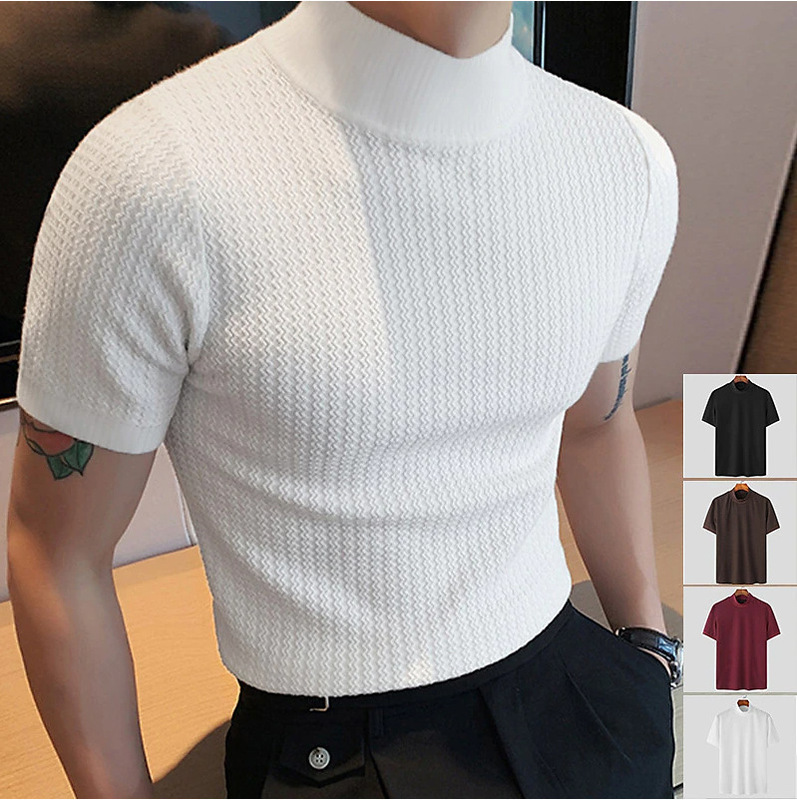2025 Summer Fashion New Casual Simple Knitted Bottoming Shirt European and American Men's Turtleneck Water Ripple Pure Color T-Shirt