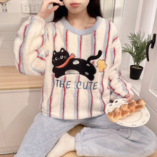 珊瑚绒睡衣女秋冬季加厚加绒卡通圆领大女孩16岁初中生法兰绒套装