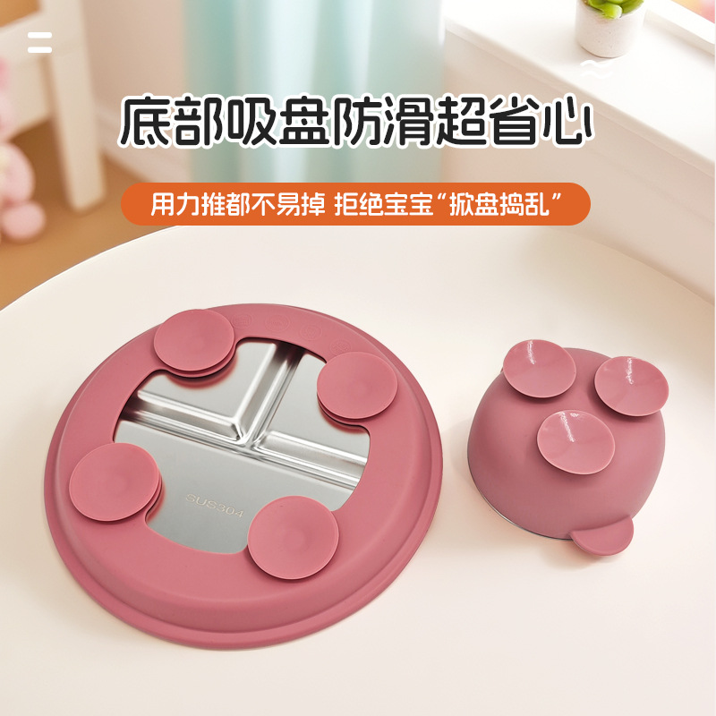 Amazon 304 acero inoxidable silicona platos de platos set cubiertos bebés bebés de silicona bib de grado alimenticio