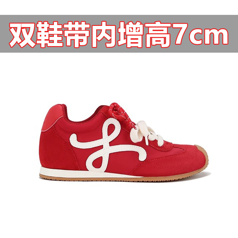 牛皮版~7cm厚底内增高鞋子复古歪头鸳鸯带休闲运动鞋女阿甘德训鞋|undefined