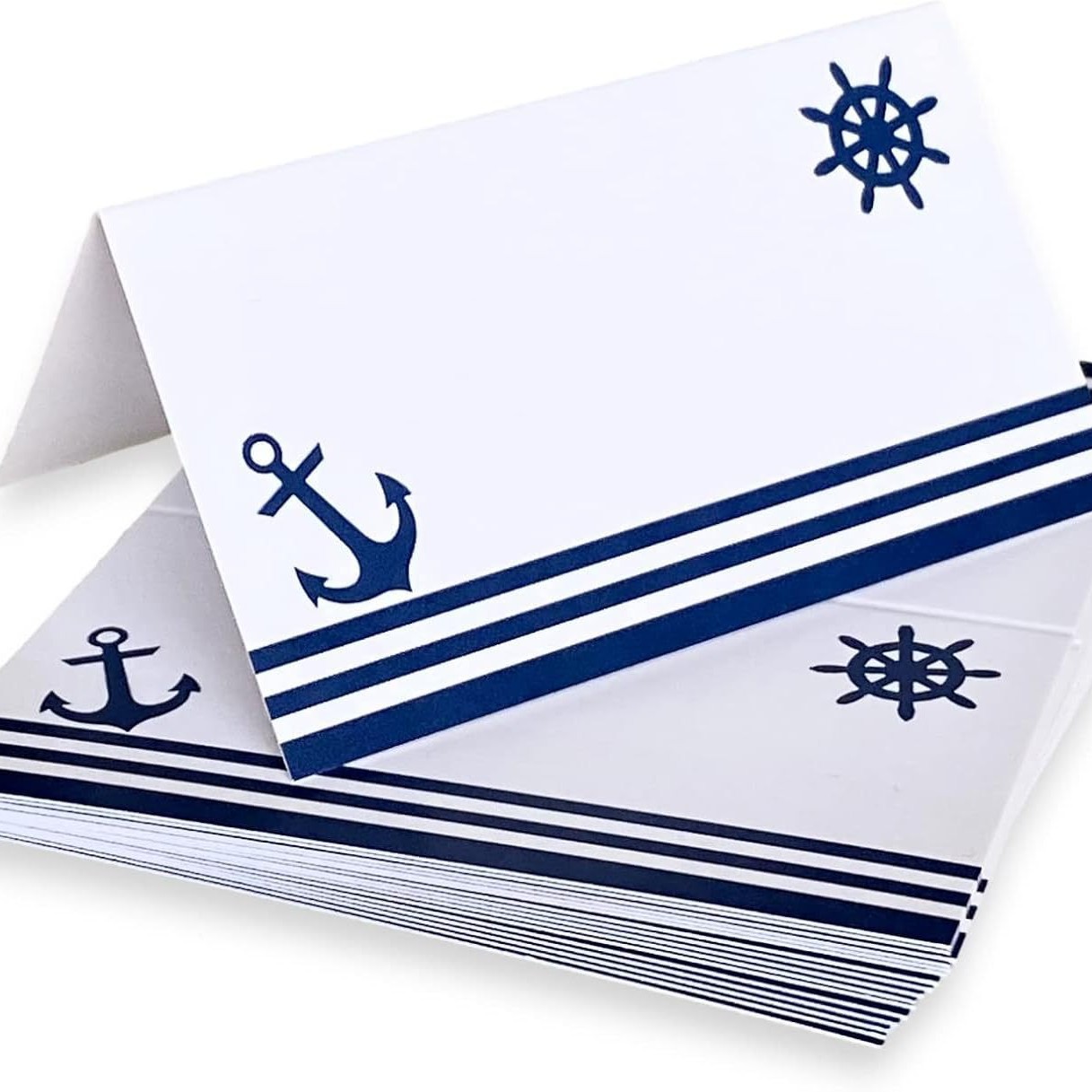 跨境定制航海场所卡片蓝色小贺卡锚和船长车轮条纹设计空白邀请卡