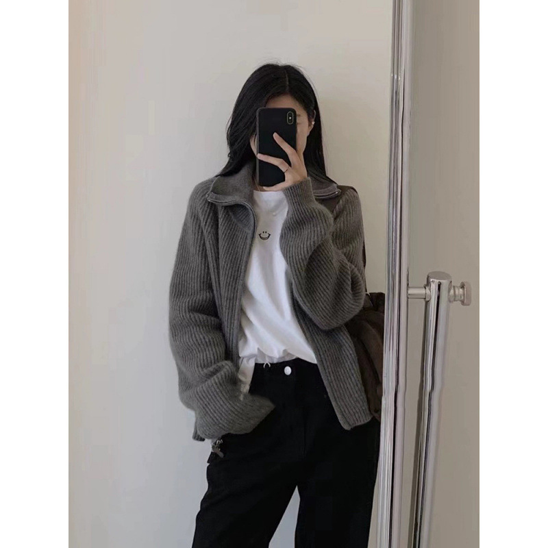 灰色浣熊绒半高领立领双拉链毛衣外套女秋冬加厚外搭外穿针织开衫|undefined