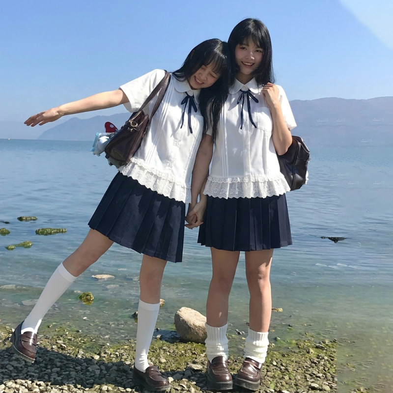 Japanese-Style Jk Uniform Set with Lace-Trimmed White Shirt and Pleated Skirt, Academy Style Graduation Season Student Class Uniform
