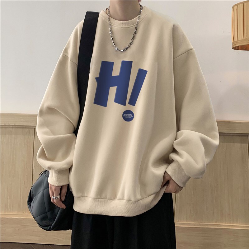 Hi Letter Pullover Sweatshirt Men's Spring and Autum Trendy Brand Ins American Round Neck Top High Street Khaki Long-Sleeved Jacket