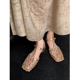 in stock French Retro Golden Hollow Mesh silver Beautiful Toe Sandals Women's Summer Fairy Shoes Hollow Shoes