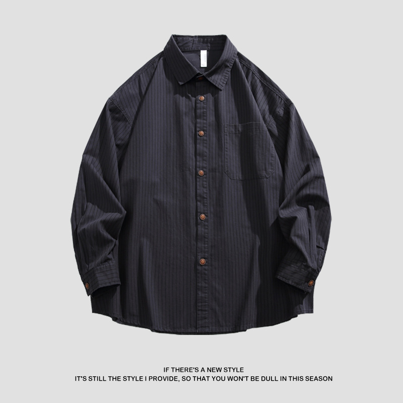 2025春秋新作 純綿ウォッシュドストライプシャツ メンズ ゆったりカジュアル長袖シャツ 工場直販