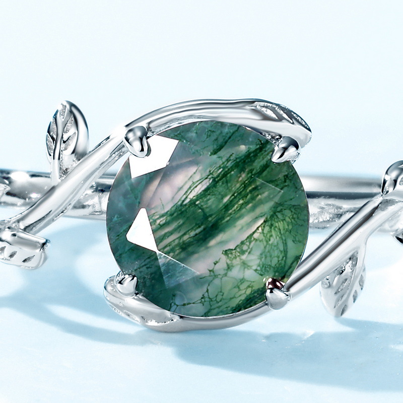 Transfronterizo exclusivo S925 plata verde musgo anillo boca abierta agua hierba ágata dedo anillo moda Luz de lujo estilo europeo y americano Venta caliente
