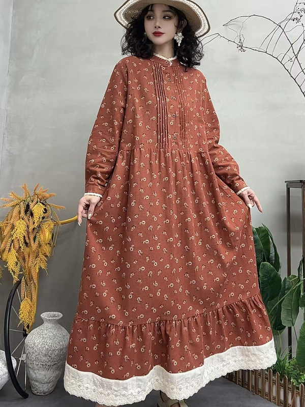 2026 Spring Large Size Cotton Linen Long Floral Dress with Lace Hem for Women, Country Style