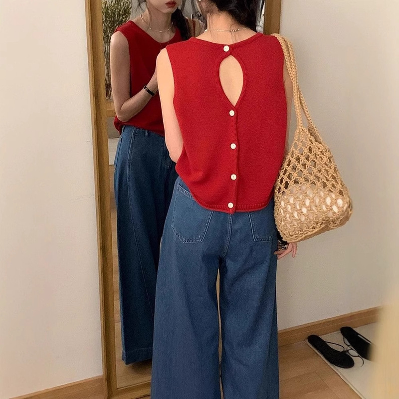 Red Ice Silk Knitted Vest Vest Women's Thin Summer Design Sense Niche Outfit Back Hollow Sleeveless Top