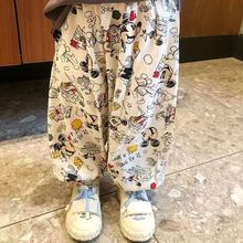 新品！可爱白底防蚊裤儿童卡通棉绸睡裤防蚊裤装家居裤女夏薄款