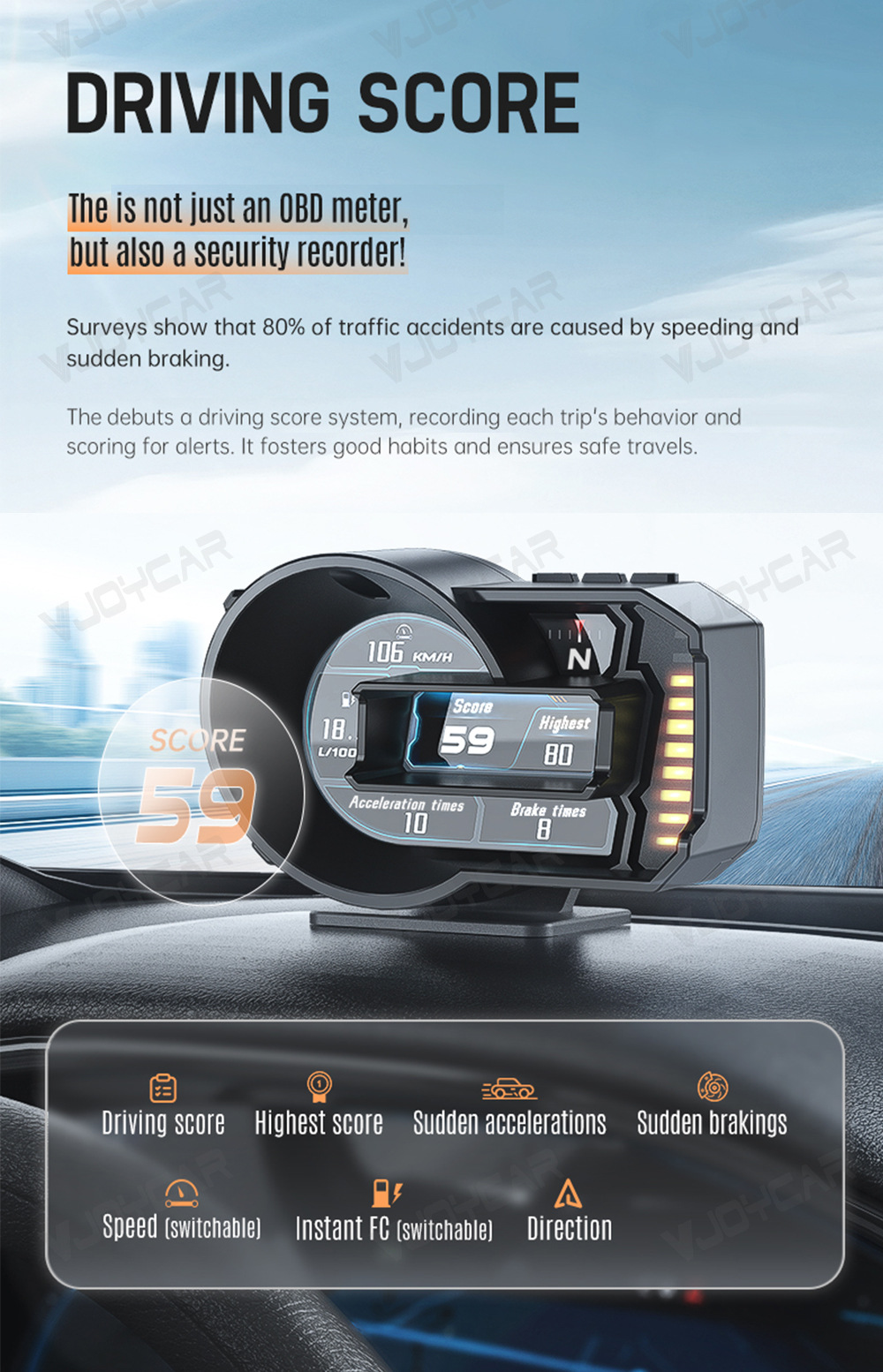 Cross-border new hud head-up display full LCD obd meter gesture switching mode turbine speed meter