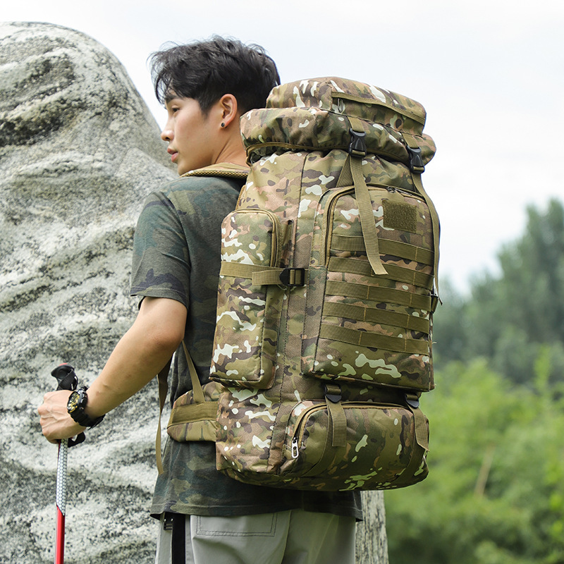 Foreign Trade Wholesale Large-Capacity Hiking Backpack, Wear-Resistant Mountaineering Bag, 75L Tactical Backpack, Camouflage Outdoor Sports Camping