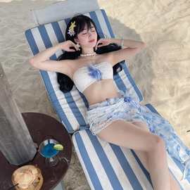 新款沙滩印花蕾丝度假高腰长裙显瘦抹胸比基尼三件套分体泳衣女