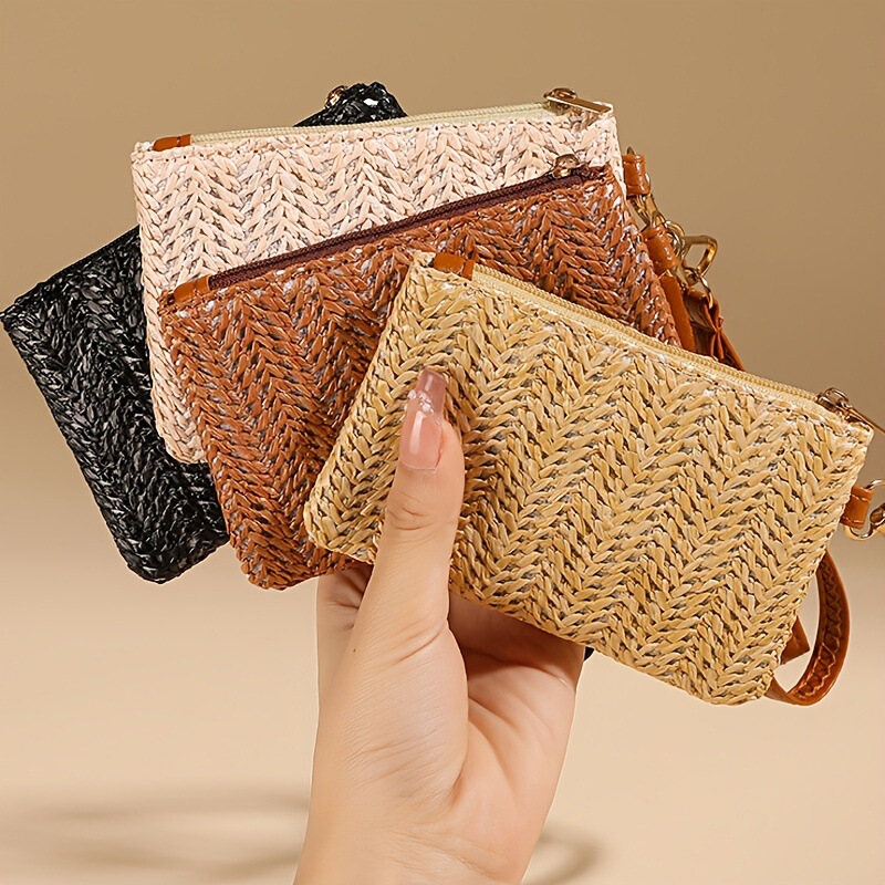 Women's Coin Purse, Straw Mini Coin Purse, Women's Detachable Wrist Short Wallet, Casual Small Hanging Bag, Card Holder Women's Coin Purse, Straw Mini Coin Purse, Women's Detachable Wrist Short Wallet, Casual Small Hanging Bag, Card Holder