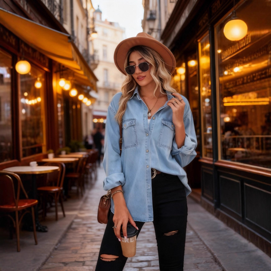 Aliexpress Amazon Cross-Border Shirt Women's Denim Jacket Shirt Top Long-Sleeved Foreign Trade New Shirt Fashion