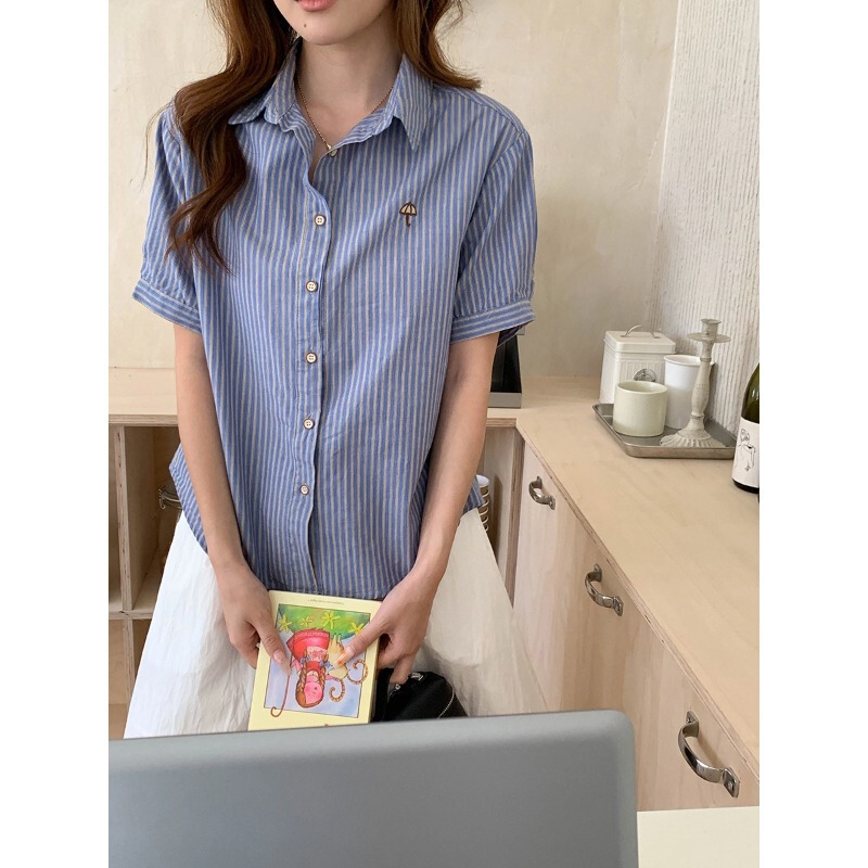 3Th Morning Korean-Style Textbook-Style All-Cotton Vertical Stripe Embroidered Short-Sleeve Shirt Zy4242 3Th Morning Korean-Style Textbook-Style All-Cotton Vertical Stripe Embroidered Short-Sleeve Shirt Zy4242
