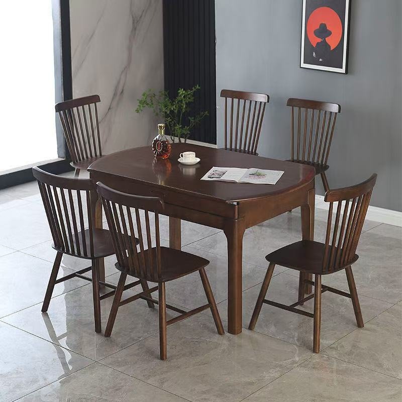 实木餐桌简约伸缩餐桌折叠家用小户型方圆两用饭桌餐桌椅组合圆桌