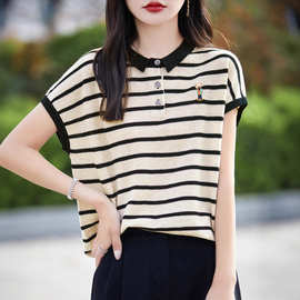 条纹短袖t恤女2025新款特大码女装夏季POLO领宽松薄款冰丝针织衫