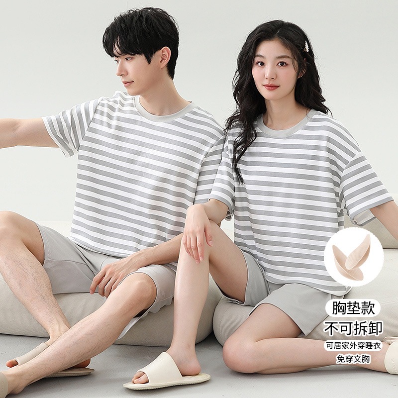 Couple Pajamas Summer Short-Sleeved Shorts Thin Cartoon with Chest Pad Two-Piece Suit Home Clothes for Men and Women to Wear Outside