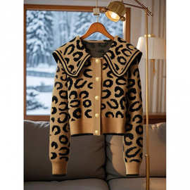 W 62508 Leopard sailor collar cardigan 豹纹海军领开衫