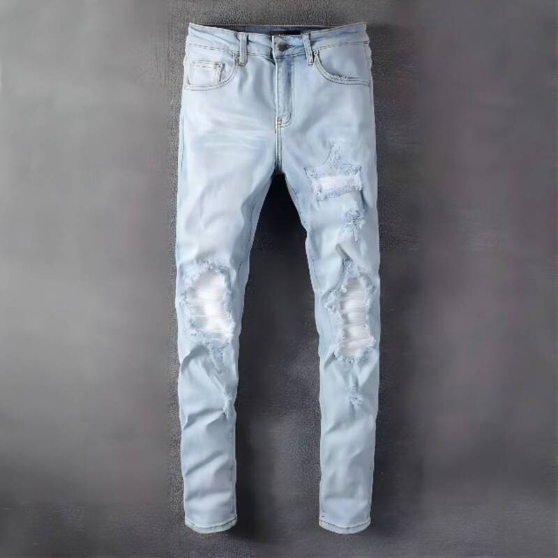 European Station 2022 Cross-Border European and American New High Street Trend Brand Spring Patchwork Ripped Distressed Skinny Pants