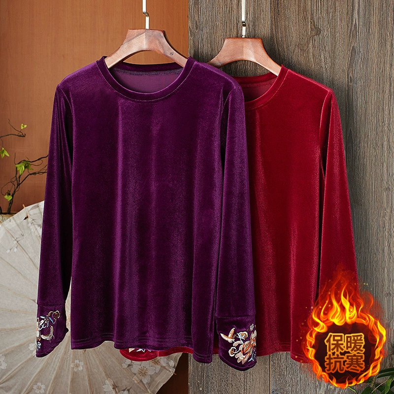 2024 новая осенне-зимняя бархатная рубашка с круглым вырезом и маленькой рубашкой в ​​иностранным стиле, свободная футболка большого размера для похудения для женщин
