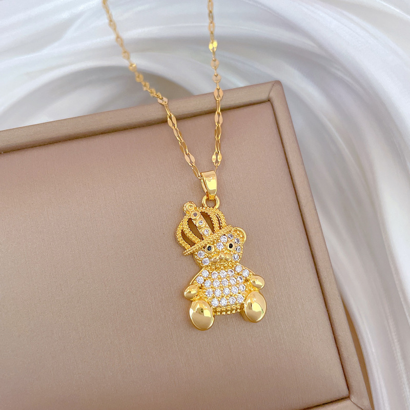 Gorgeous Diamond Bear Pendant Necklace In Titanium Steel For Women_voghion.com
