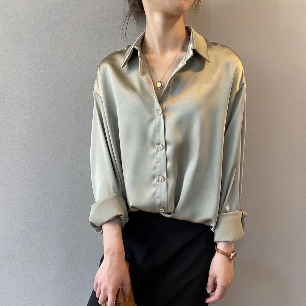 Women's Clothing acetate satin shirt women's glossy outer wear drape long sleeved shirt design niche light mature top spring_voghion.com