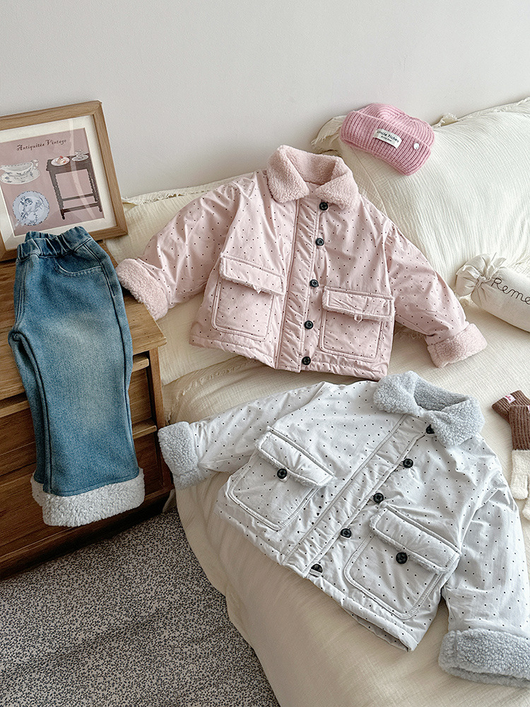 [en stock] ropa infantil, ropa de algodón para bebés, chaqueta de niñas, solapa de 25 invierno, nueva chaqueta de terciopelo caliente para niñas