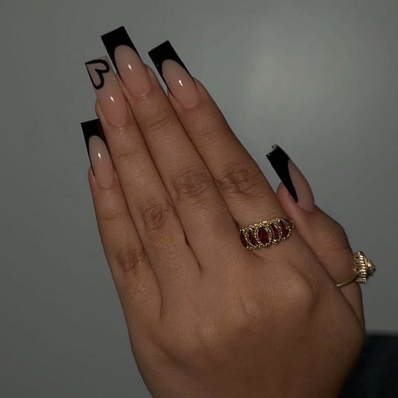 Sweet Cool Long Ballet False Nail Black French Simple Love Long Ballet Nail Piece Valentine's Day Nail Piece 24 Pieces