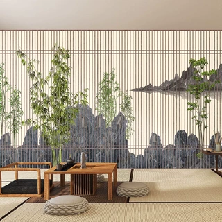 新中式山水墙纸竹子竹影屏风饭店包间装饰壁画茶室茶艺茶叶店壁纸