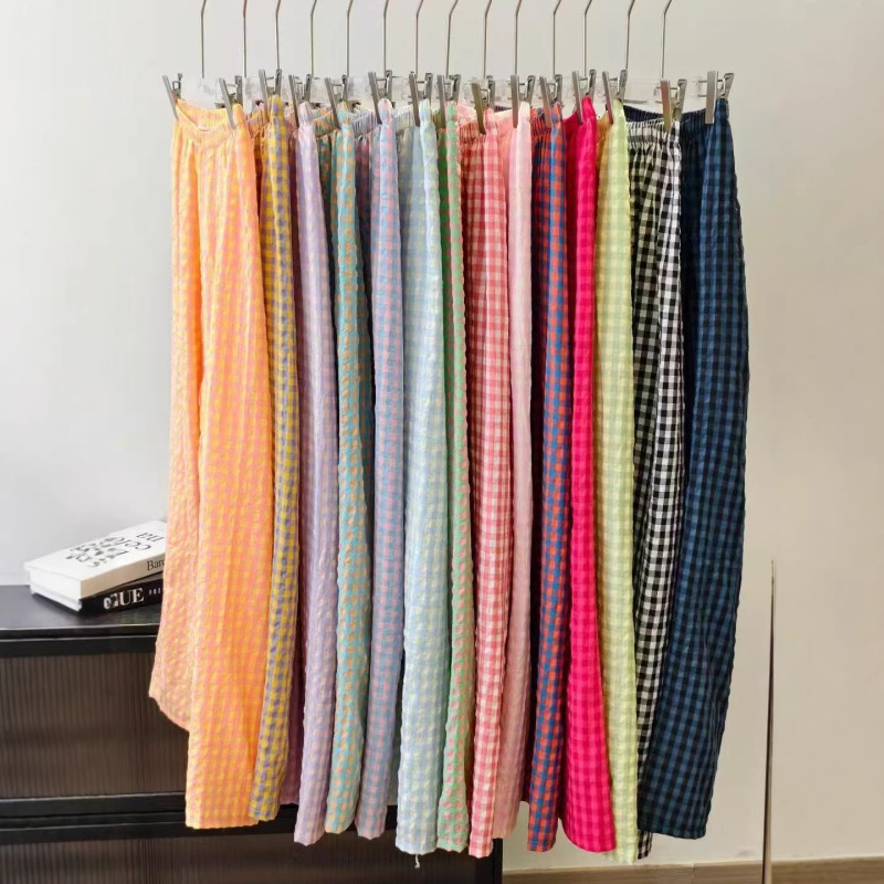 Korean Style Contrasting Color Plaid Pajama Pants for Women, Versatile Elastic Waist, Comfortable Casual Outerwear, Home Cotton Long Pants, Casual Pants