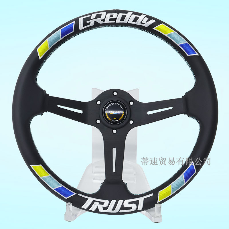 Factory direct sale GREDDY modified 14inch genuine leather steering wheel, personalized universal concave three-color stripe embroidered steering wheel