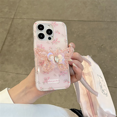 Pink Floral Butterfly Stand Compatible with iPhone 15 Pro Max, Apple 14 Case, 13 Dual-Layer, 12 for Girls, 11