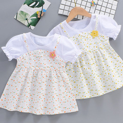 Girls Dress 2024 Summer New Short-Sleeved Thin Style Fashionable Baby Girl Fake Two-piece Suspender Floral Skirt