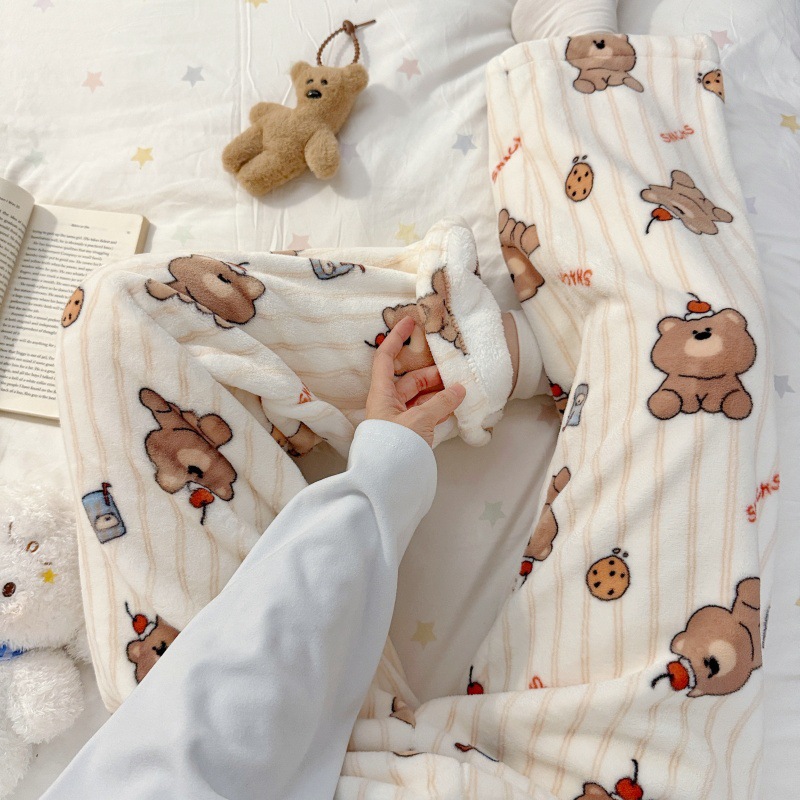 Cartoon flannel pajama pants for women autumn and winter new student coral fleece thickened warm casual outerwear home pants