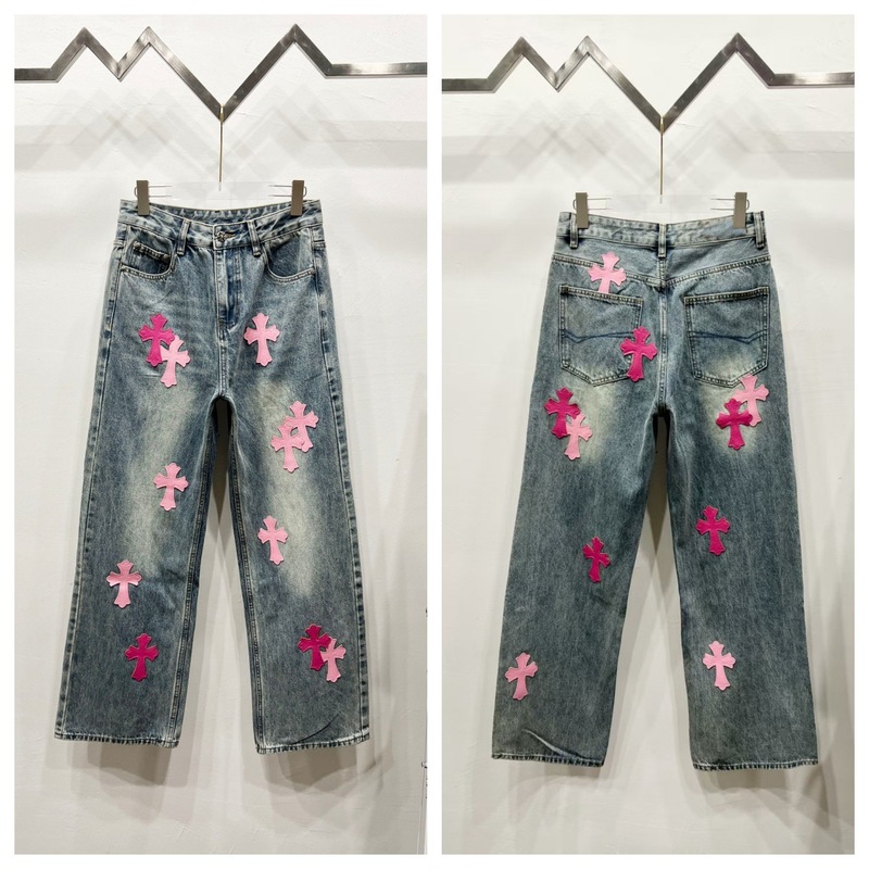 跨境正确版CH克罗牛仔裤蓝白十字架拼皮美式宽松男女同款跨境潮款|undefined