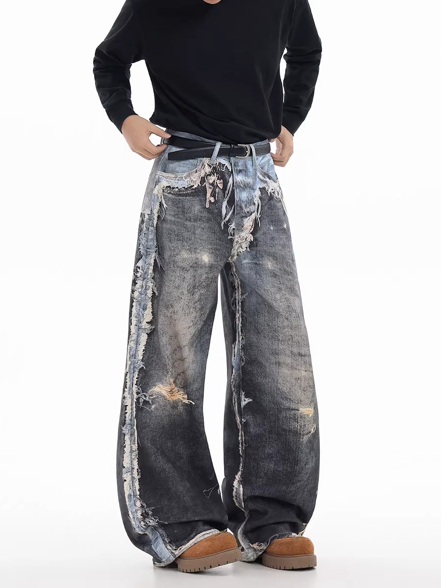 Unisex Distressed Denim Jeans 3D Printed Japanese Streetwear Style Long Pants for Men And Women_mkmklike.com