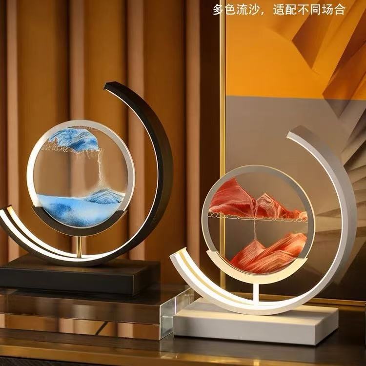 Cross-Border Bedside 3D Quicksand Painting Double Lamp with Led Ultra-Bright Night Light Bedroom Chinese Style Decorative Glass Hourglass Table Lamp