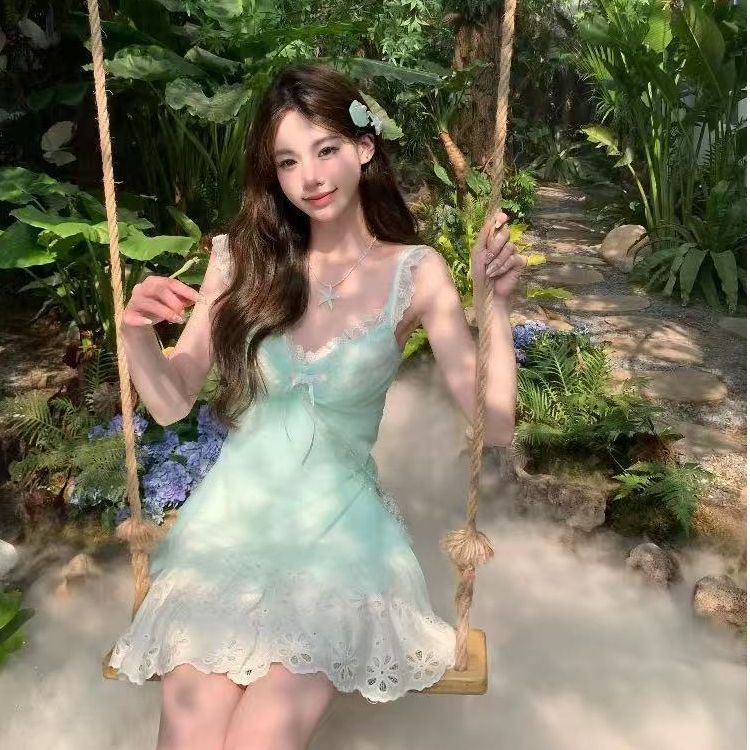 Sea Salt Slimming Set with Mint Design, Bow Tie Two-Piece Set, Spaghetti Strap Lace Dress, Sweet Short Skirt Cover-Up