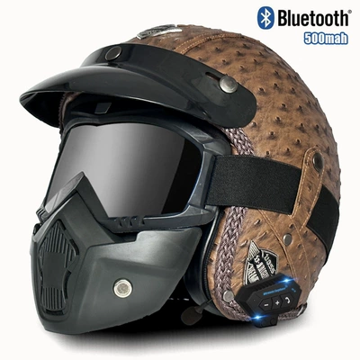 cross-border electric motorcycle retro helmet Motosiklet kaskı (dəbilqə) - v-brown-pineapple-mask-bluetooth-s