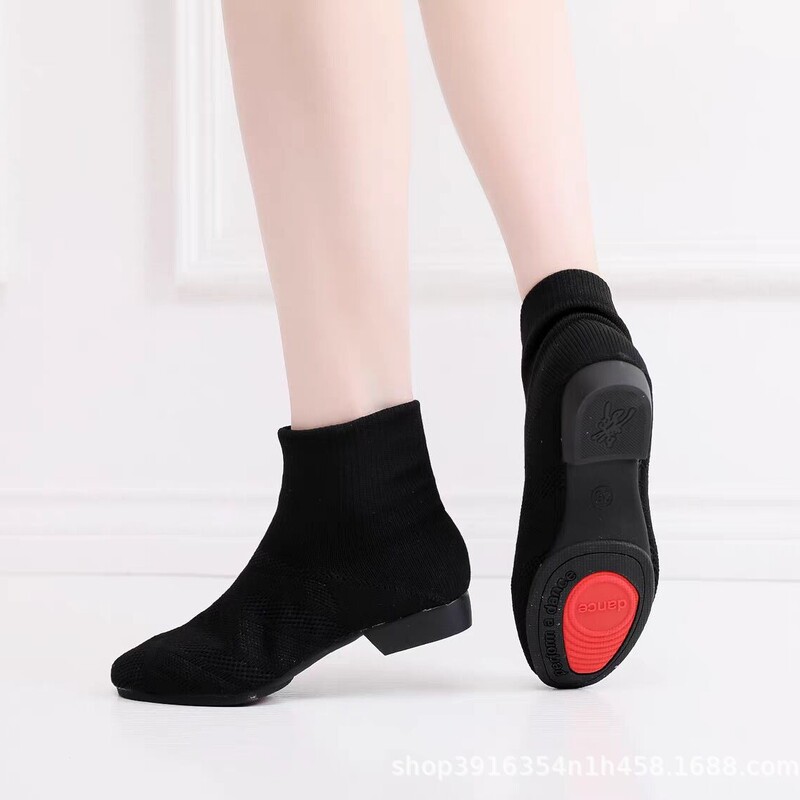 High-top Jazz Dance Shoes Female Adult Teacher Professional Dance Shoes Soft Sole with Heeled Modern Dance Shoes Fly-mesh Black
